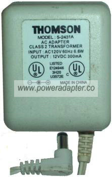 THOMSON 5-2431A AC ADAPTER 12VDC 300MA POWER SUPPLY - Click Image to Close